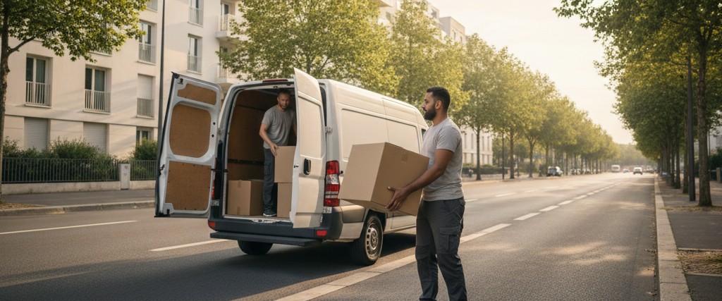 Déménageur chargeant un carton lors d’un déménagement urgent à Antony