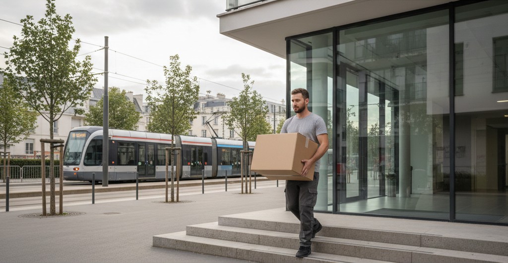 Déménageur portant un carton près du tramway à Châtillon
