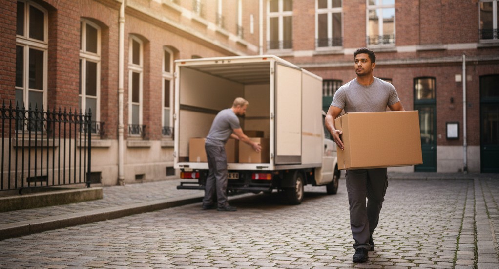 Déménageur transportant un carton lors d’un déménagement urgent à Malakoff