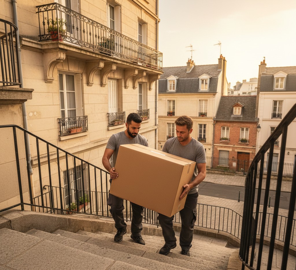 Déménageurs descendant un escalier lors d’un déménagement urgent à Montrouge