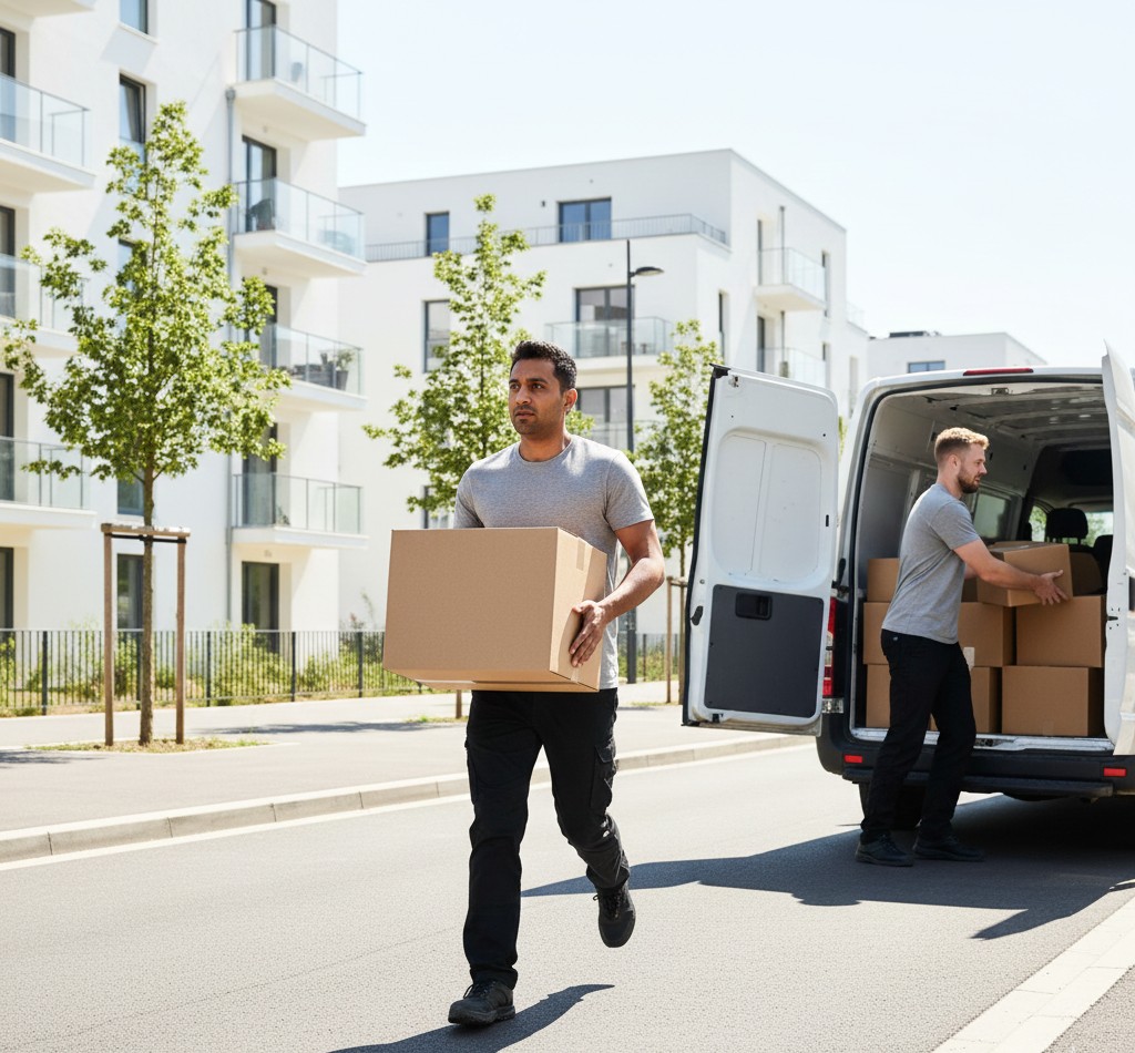Déménageur transportant un carton lors d’un déménagement urgent